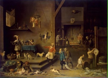  perro Arte - La Cocina con perros peces pájaros mono